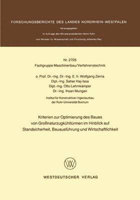 bokomslag Kriterien zur Optimierung des Baues von Großnaturzugkühltürmen im Hinblick auf Standsicherheit, Bauausführung und Wirtschaftlichkeit