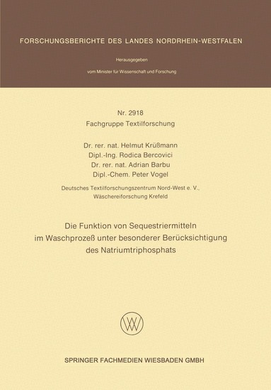 Helmut Krüßmann, Rodica Bercovici, Adrian Barbu, Peter Vogel - Die Funktion von Sequestriermitteln im Waschprozeß unter besonderer Berücksichtigung des Natriumtriphosphats, Häftad