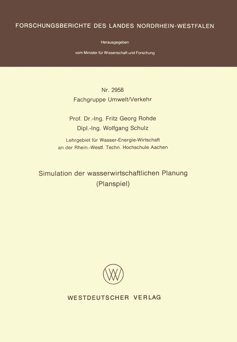Fritz G. Rohde - Simulation der wasserwirtschaftlichen Planung (Planspiel), Häftad