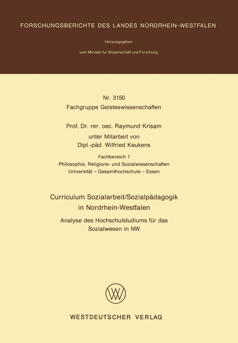 Raymund Krisam - Curriculum Sozialarbeit/Sozialpädagogik in Nordrhein-Westfalen, Häftad