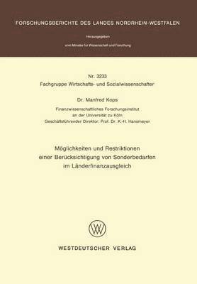 bokomslag Mglichkeiten und Restriktionen einer Bercksichtigung von Sonderbedarfen im Lnderfinanzausgleich