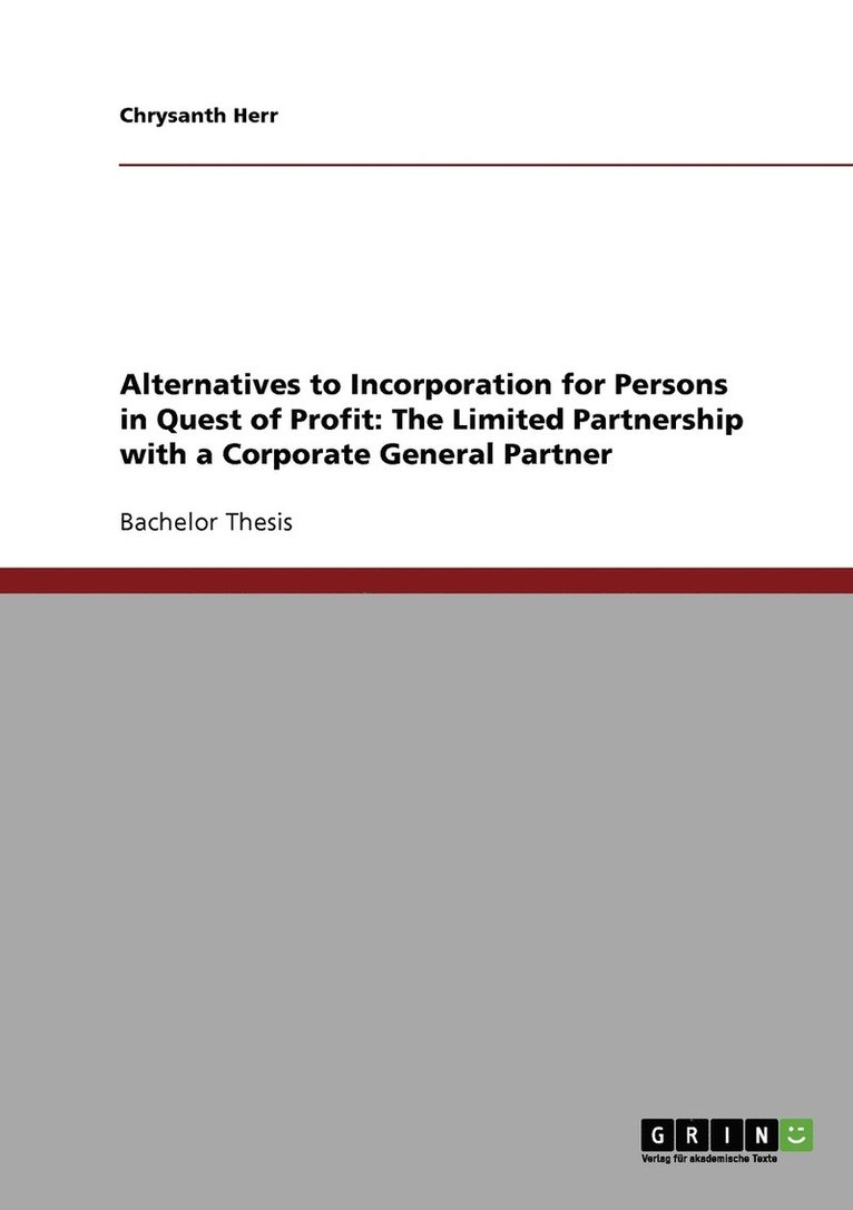 Alternatives to Incorporation for Persons in Quest of Profit 1