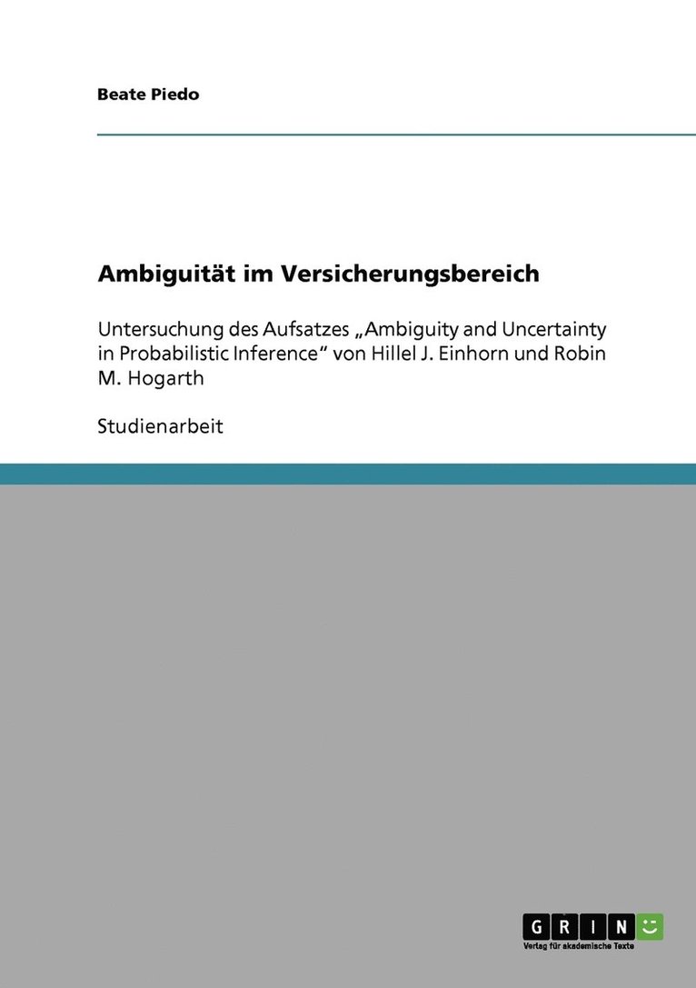 Beate Piedo - Ambiguität im Versicherungsbereich, Häftad