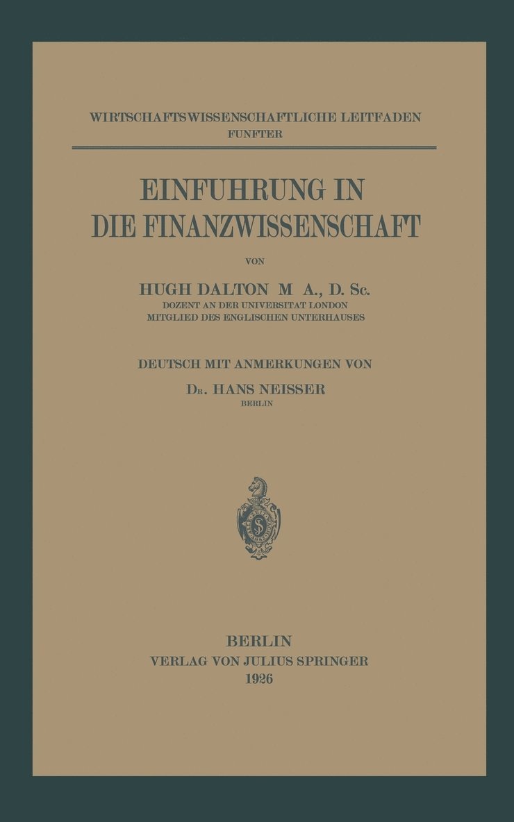 Hugh Dalton, Hans Neisser - Einführung in die Finanzwissenschaft, Häftad
