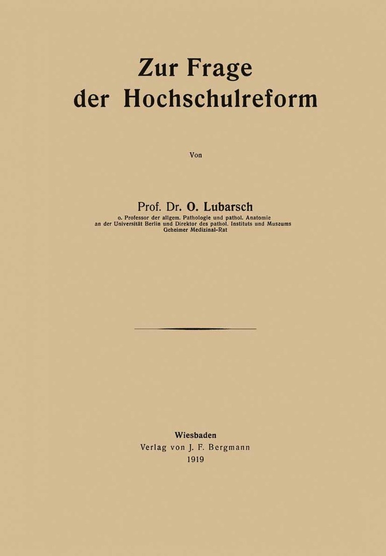 O. Lubarsch - Zur Frage der Hochschulreform, Häftad