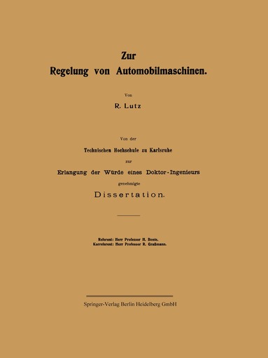 Reinhold Lutz - Zur Regelung von Automobilmaschinen, Häftad