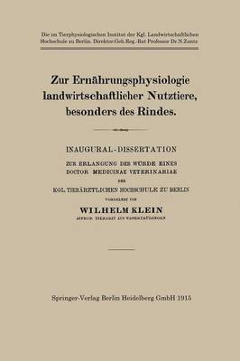 bokomslag Zur Ernhrungsphysiologie landwirtschaftlicher Nutztiere, besonders des Rindes