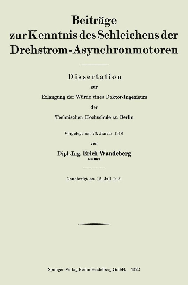 Erich Wandeberg - Beiträge zur Kenntnis des Schleichens der Drehstrom-Asynchronmotoren, Häftad