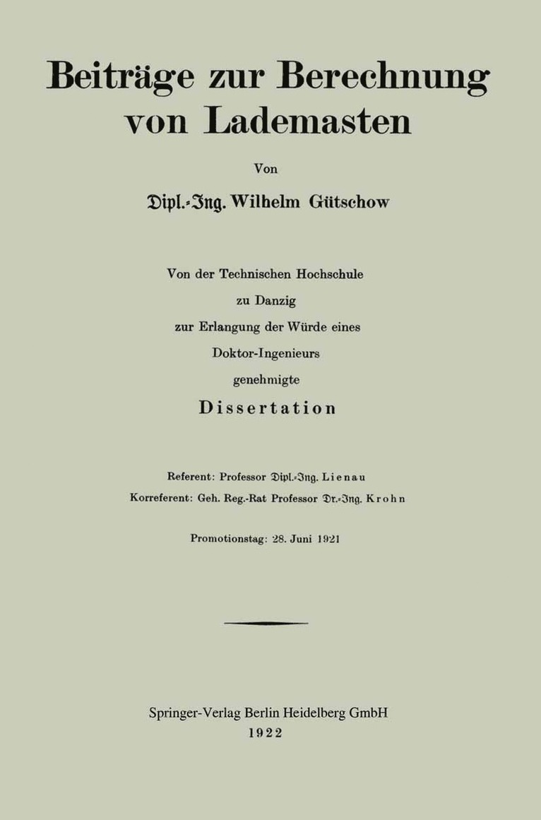Wilhelm Gütschow, Wilhelm Gutschow - Beiträge zur Berechnung von Lademasten, Häftad