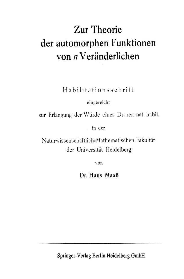 Hans Maaß, Hans Maass - Zur Theorie der automorphen Funktionen von n Veränderlichen, Häftad