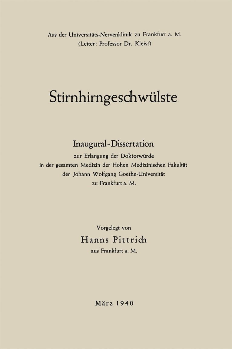 Hanns Pittrich - Stirnhirngeschwülste, Häftad
