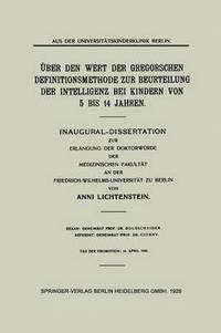 bokomslag ber den Wert der Gregorschen Definitionsmethode zur Beurteilung der Intelligenz bei Kindern von 5 Bis 14 Jahren