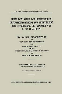 bokomslag ber den Wert der Gregorschen Definitionsmethode zur Beurteilung der Intelligenz bei Kindern von 5 Bis 14 Jahren