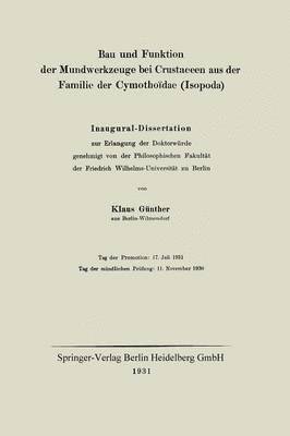 bokomslag Bau und Funktion der Mundwerkzeuge bei Crustaceen aus der Familie der Cymothodae (Isopoda)