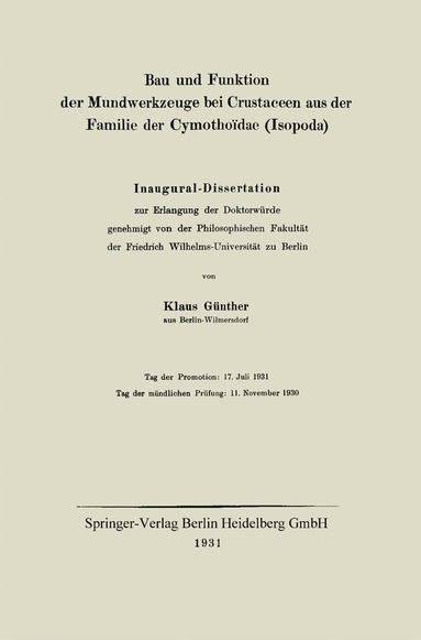 bokomslag Bau und Funktion der Mundwerkzeuge bei Crustaceen aus der Familie der Cymothoïdae (Isopoda)