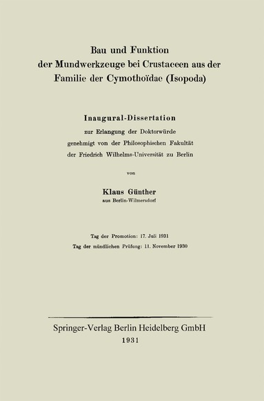 bokomslag Bau und Funktion der Mundwerkzeuge bei Crustaceen aus der Familie der Cymothoidae (Isopoda)