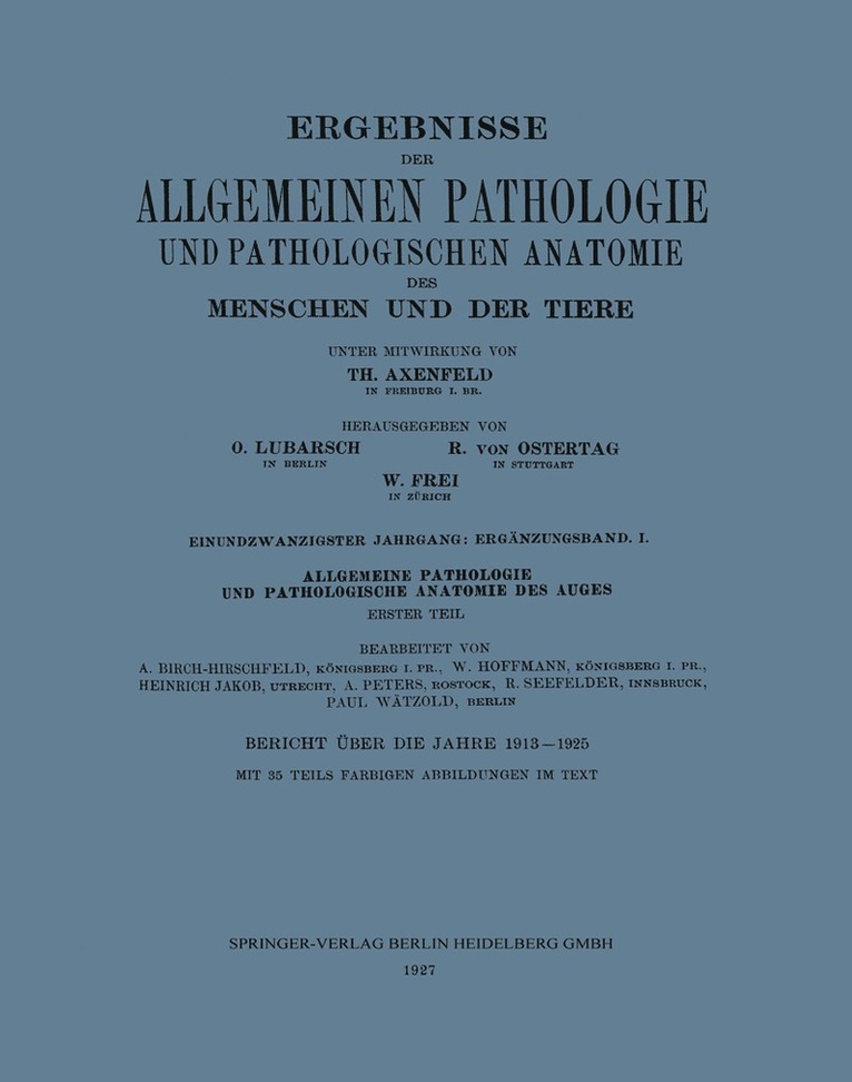 Th. Axenfeld, Arthur Birch-Hirschfeld, W. Hoffmann, Heinrich Jakob, A. Peters, R. Seefelder, Paul Wätzold, Th Axenfeld - Ergebnisse der Allgemeinen Pathologie und Pathologischen Anatomie des Menschen und der Tiere, Häftad
