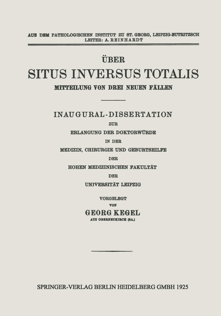 Georg Kegel - Über Situs Inversus Totalis, Häftad