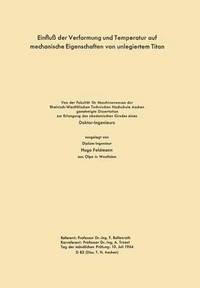 bokomslag Einfluß der Verformung und Temperatur auf mechanische Eigenschaften von unlegiertem Titan