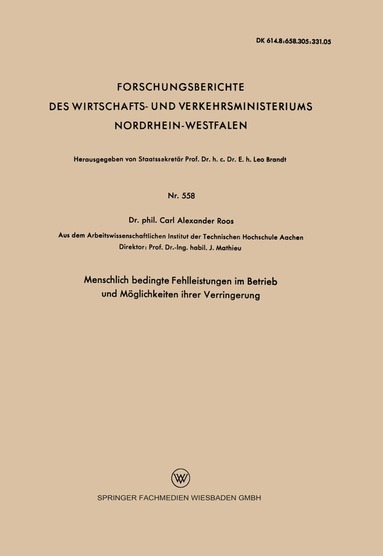 Carl Alexander Roos - Menschlich bedingte Fehlleistungen im Betrieb und Möglichkeiten ihrer Verringerung, Häftad