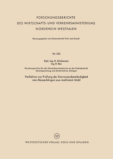 Hans Stüdemann - Verfahren zur Prüfung der Korrosionsbeständigkeit von Messerklingen aus rostfreiem Stahl, Häftad