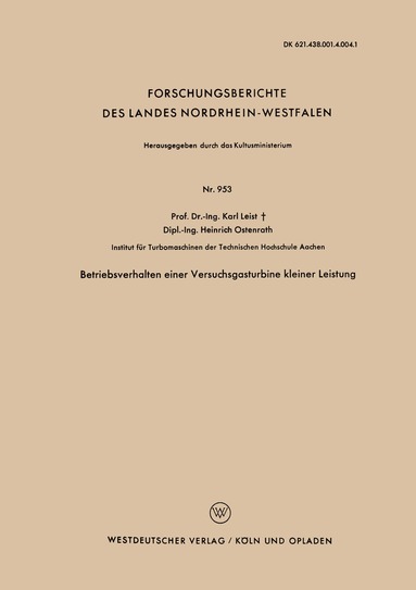 Karl Leist - Betriebsverhalten einer Versuchsgasturbine kleiner Leistung, Häftad