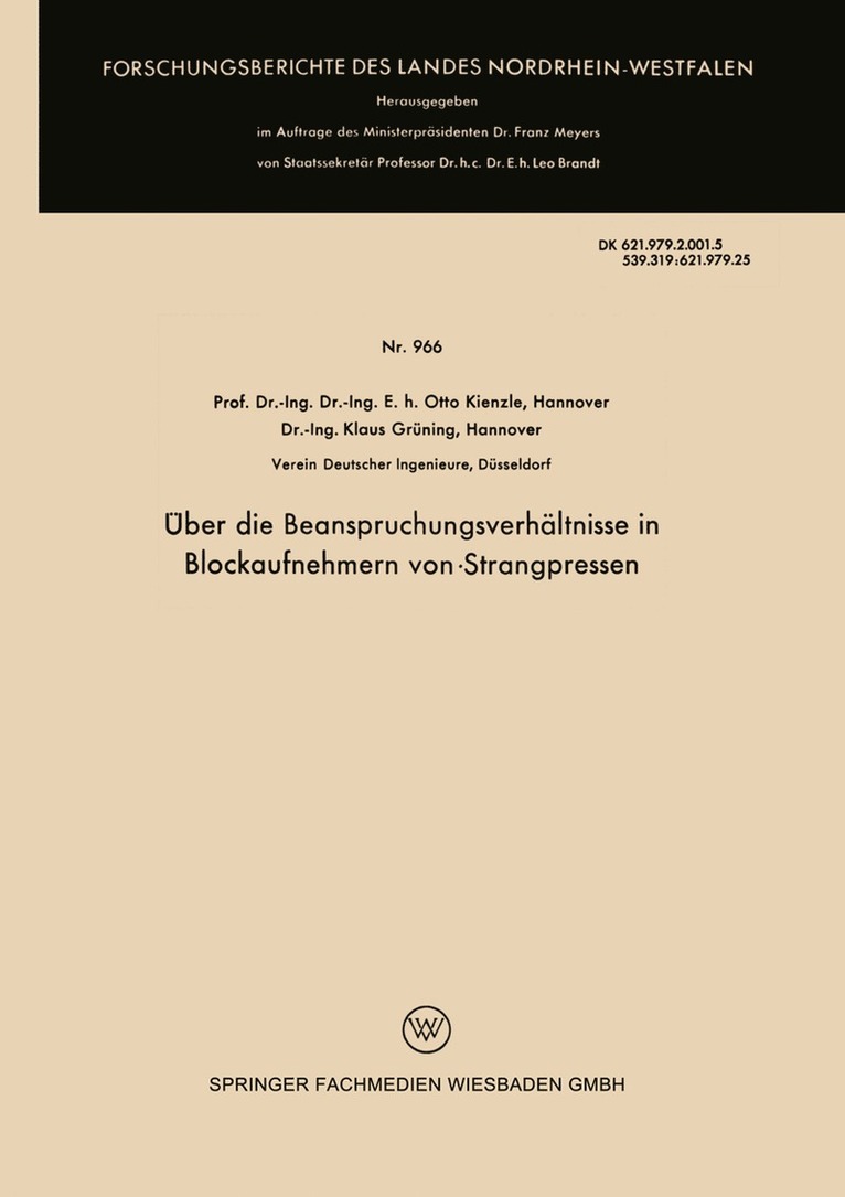 Otto Kienzle - Über die Beanspruchungsverhältnisse in Blockaufnehmern von Strangpressen, Häftad