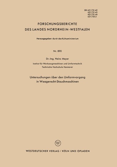 Heinz Meyer - Untersuchungen über den Umformvorgang in Waagerecht-Stauchmaschinen, Häftad
