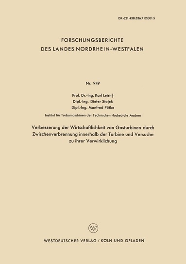 bokomslag Verbesserung der Wirtschaftlichkeit von Gasturbinen durch Zwischenverbrennung innerhalb der Turbine und Versuche zu ihrer Verwirklichung