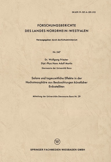 Wolfgang Priester - Solare und tageszeitliche Effekte in der Hochatmosphäre aus Beobachtungen künstlicher Erdsatelliten, Häftad