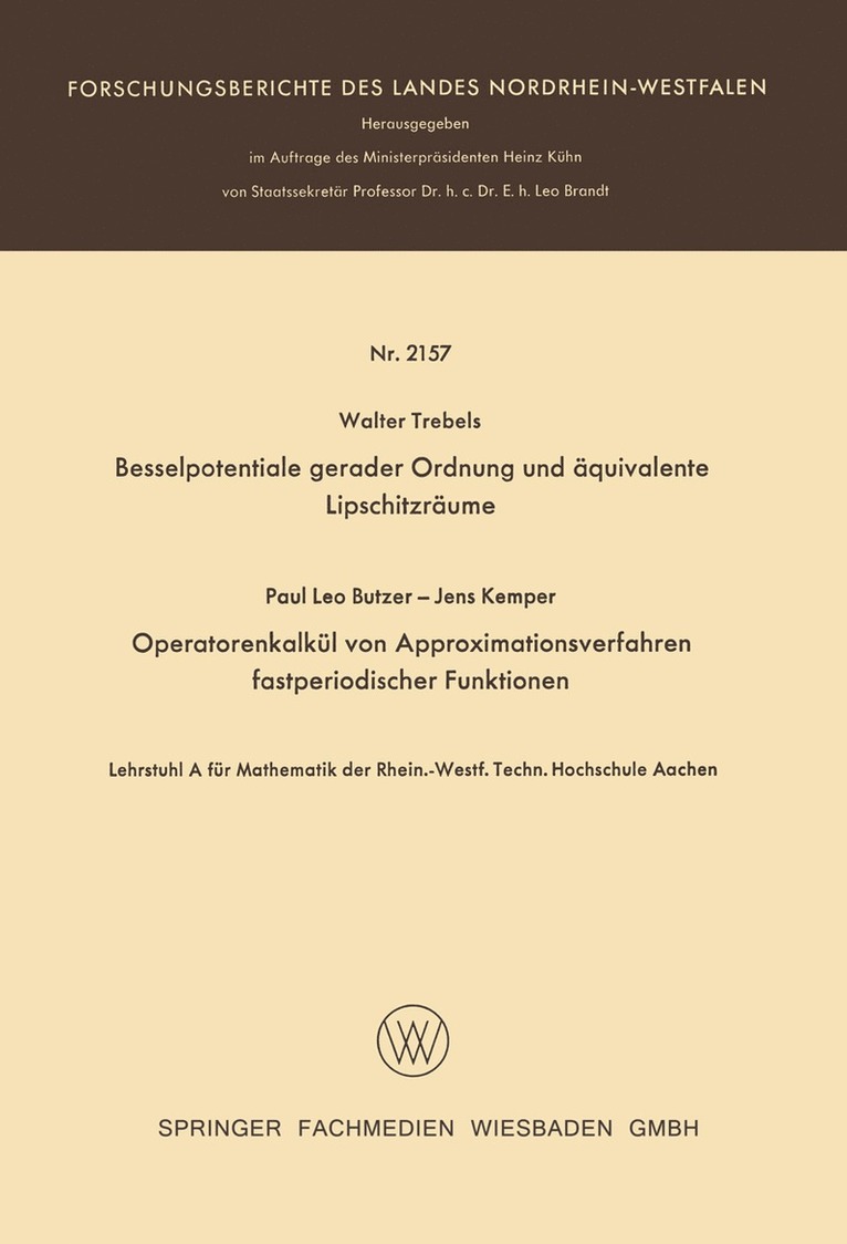 Besselpotentiale gerader Ordnung und quivalente Lipschitzrume. Operatorenkalkl von Approximationsverfahren fastperiodischer Funktionen 1