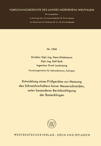 Hans Stüdemann - Entwicklung eines Prüfgerätes zur Messung des Schneidverhaltens feiner Messerschneiden, unter besonderer Berücksichtigung der Rasierklingen, Häftad