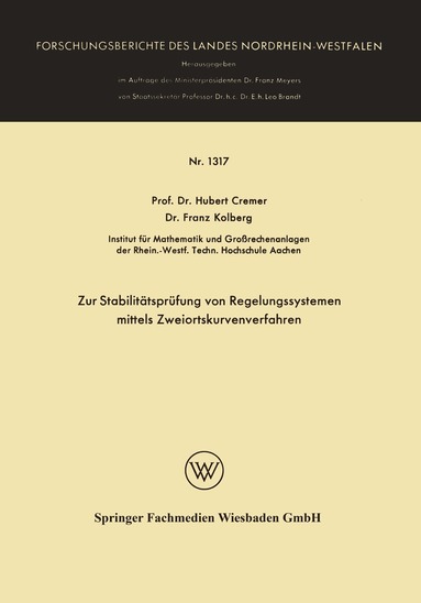 Hubert Cremer, Franz Kolberg - Zur Stabilitätsprüfung von Regelungssystemen mittels Zweiortskurvenverfahren, Häftad