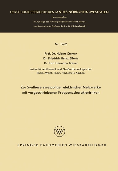 Hubert Cremer, Friedrich Heinz Effertz, Karl Hermann Breuer - Zur Synthese zweipoliger elektrischer Netzwerke mit vorgeschriebenen Frequenzcharakteristiken, Häftad