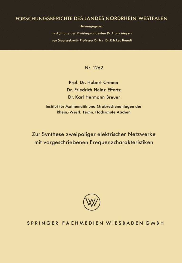 Hubert Cremer, Friedrich Heinz Effertz, Karl Hermann Breuer, Friedrich Heinz Effertz - Zur Synthese zweipoliger elektrischer Netzwerke mit vorgeschriebenen Frequenzcharakteristiken, Häftad
