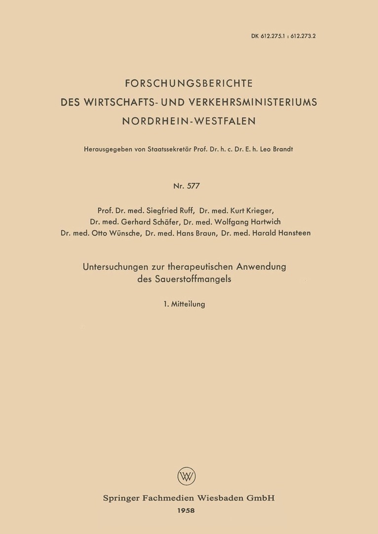 Untersuchungen zur therapeutischen Anwendung des Sauerstoffmangels 1