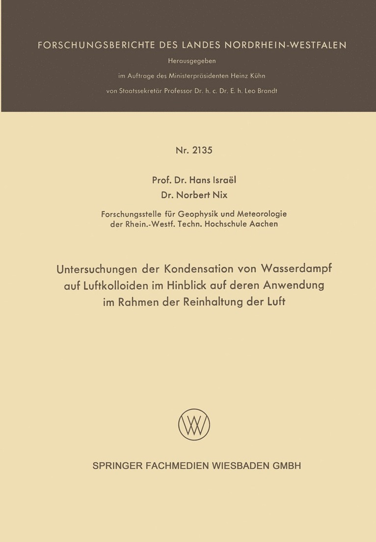 Hans Israël, Hans Israel - Untersuchungen der Kondensation von Wasserdampf auf Luftkolloiden im Hinblick auf deren Anwendung im Rahmen der Reinhaltung der Luft, Häftad