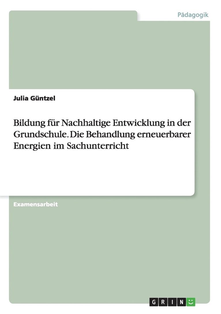 Julia Güntzel - Bildung für Nachhaltige Entwicklung in der Grundschule. Die Behandlung erneuerbarer Energien im Sachunterricht, Häftad