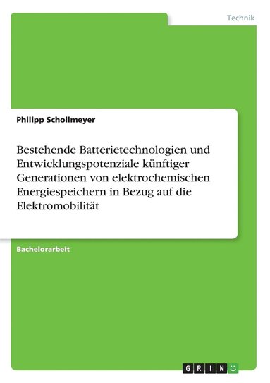 bokomslag Bestehende Batterietechnologien und Entwicklungspotenziale knftiger Generationen von elektrochemischen Energiespeichern in Bezug auf die Elektromobilitt