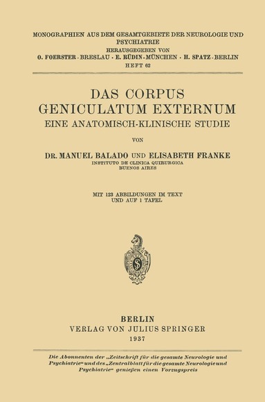 bokomslag Das Corpus Geniculatum Externum Eine Anatomisch-Klinische Studie