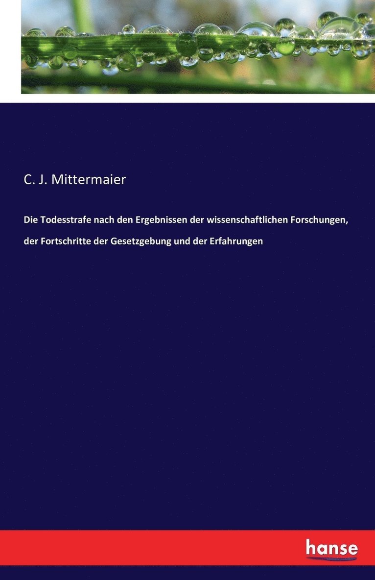 C J Mittermaier, C. J. Mittermaier - Todesstrafe nach den Ergebnissen der wissenschaftlichen Forschungen, der Fortschritte der Gesetzgebung und der Erfahrungen, Häftad