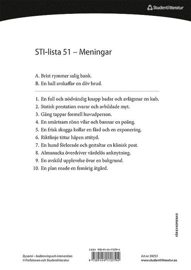 bokomslag Dysartri - STI-lista 51-100 - Ord- och meningslistor för testning av patientens förståelighet