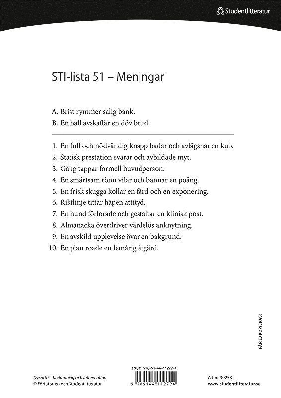 Dysartri - STI-lista 51-100 - Ord- och meningslistor för testning av patientens förståelighet 1