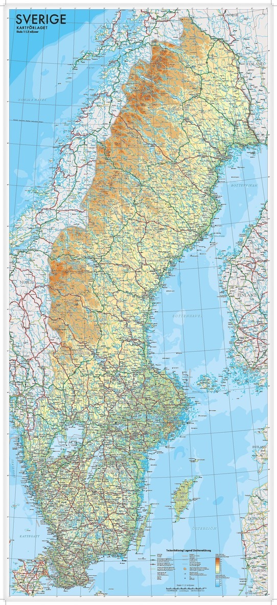 Sverige väggkarta Kartförlaget 1:1,3 milj, miljö i papptub 1