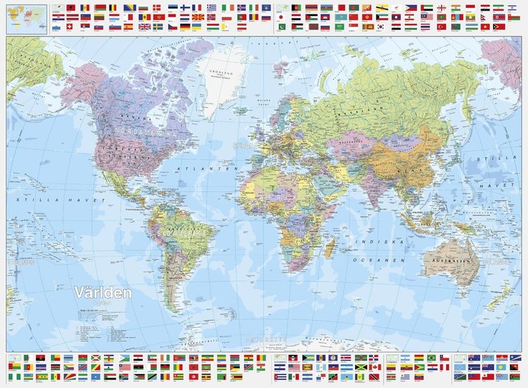 Världen väggkarta politisk med flaggor, 1:30m i papptub Kartförlaget 1