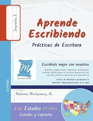 Prácticas de Escritura - Estados y Capitales de los Estados Unidos - Letra Imprenta, Nivel 3