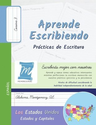Prácticas de Escritura - Estados y Capitales de los Estados Unidos - Letra Cursiva, Nivel 3