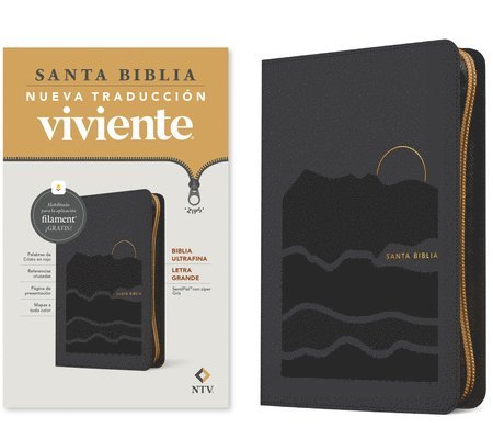 Biblia ultrafina NTV, letra grande de ziper con Filament (SentiPiel, Gris, Letra Roja) 1