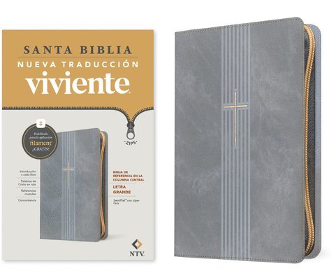 Nueva Traducción Viviente - Biblia de Referencia En La Columna Central Ntv, Letra Grande de Zíper Con Filament (Sentipiel, Gris, Letra Roja), Inbunden